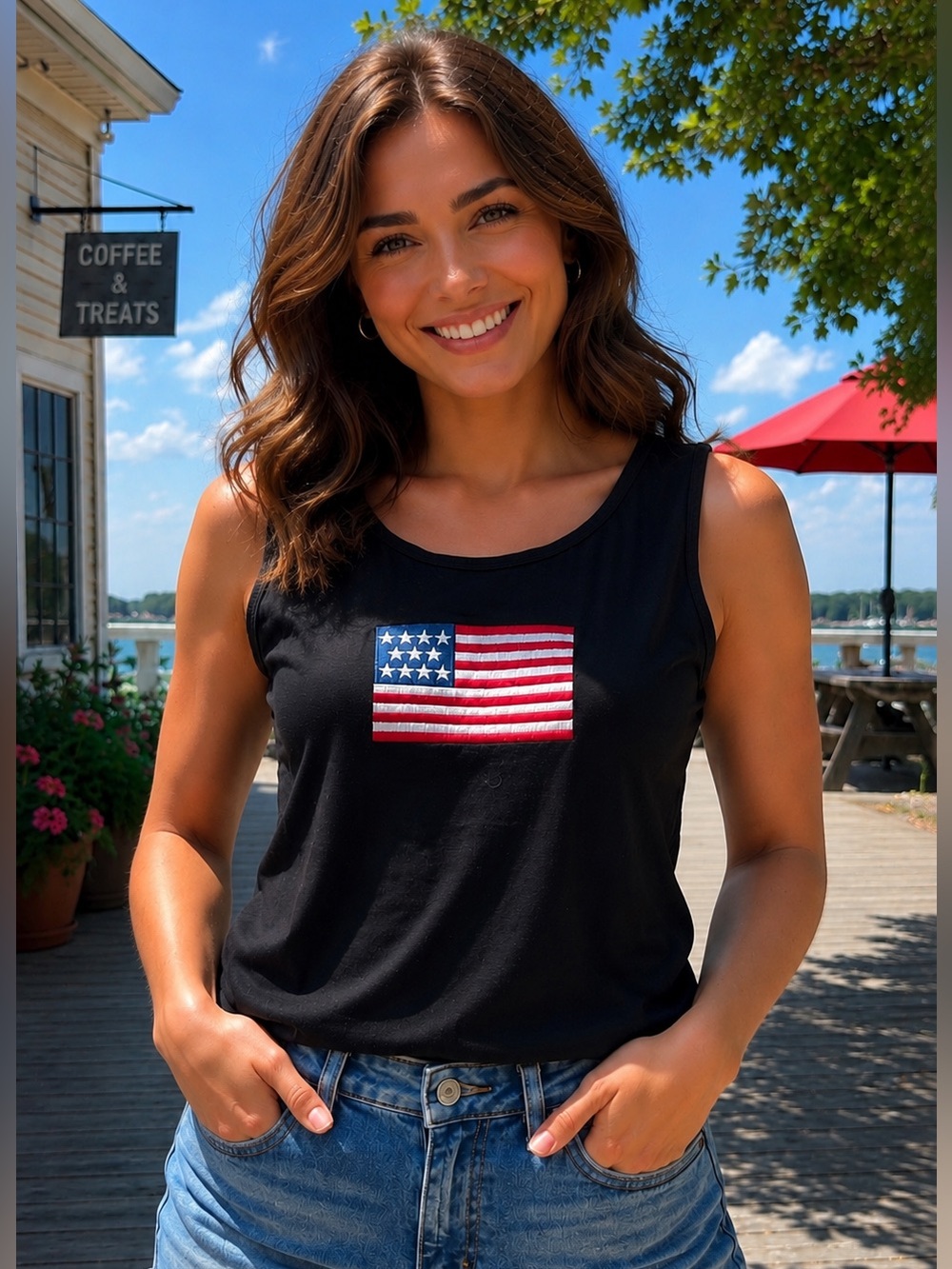 New Zenana Embroidered American Flag Patch Black Tank Top Patriotic Size L